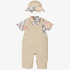 Burberry Gifts*Baby Boys Beige Cotton Dungaree Set PaleStone