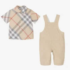 Burberry Gifts*Baby Boys Beige Cotton Dungaree Set PaleStone