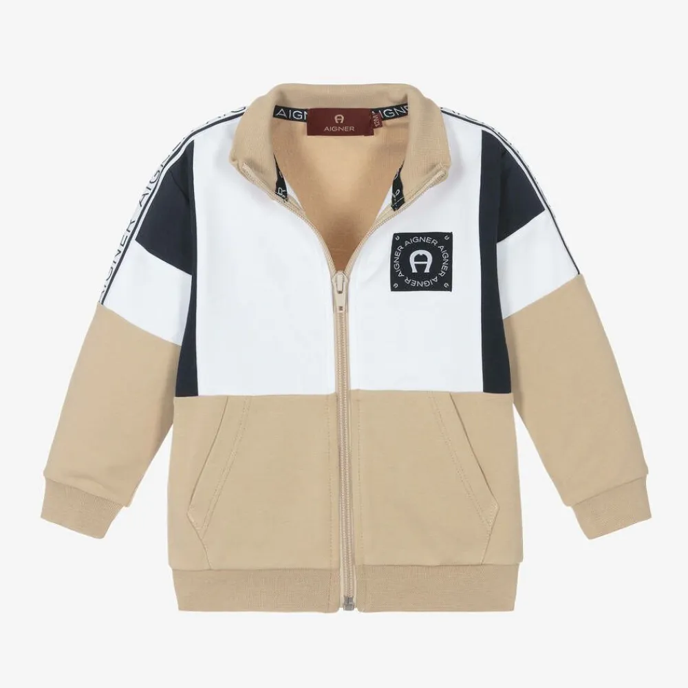 AIGNER Tops*Baby Boys Beige Cotton Zip-Up Top