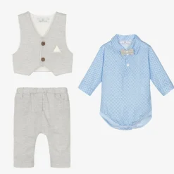 Beau KiD Gifts*Baby Boys Grey & Blue Cotton Trouser Set