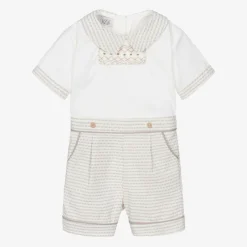 Beau KiD Outfit Sets|Outfit Sets*Baby Boys Ivory & Beige Cotton Buster Suit