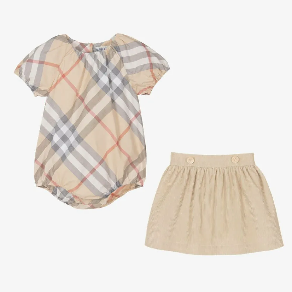 Burberry Gifts*Baby Girls Beige Cotton Skirt Set PaleStone