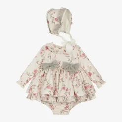 Abuela Tata Dresses*Baby Girls Beige Floral Print Cotton Dress Set