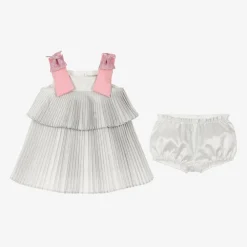 Hucklebones London Dresses*Baby Girls Glittery Silver Pleated Dress