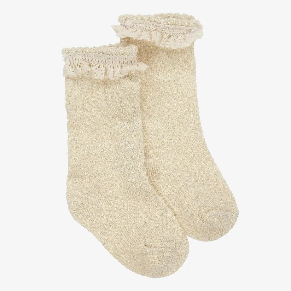 Mayoral Newborn Socks*Baby Girls Ivory & Gold Cotton Lace Frill Socks