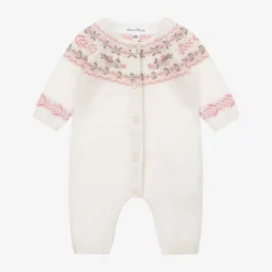Tartine et Chocolat Babysuits*Baby Girls Ivory Floral Wool & Cashmere Romper