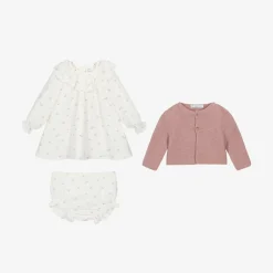 Paloma de la O Dresses*Baby Girls Pink & Ivory Bird Print Cotton Dress Set