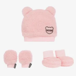 Moschino Baby Hats*Baby Girls Pink Fleece Hat & Booties Set