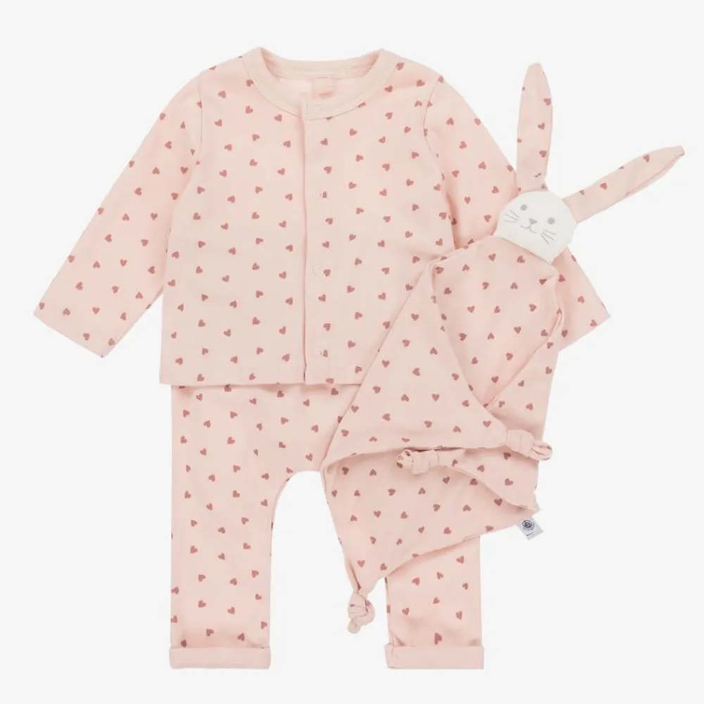 Petit Bateau Babysuits*Baby Girls Pink Heart Organic Cotton Trouser Set