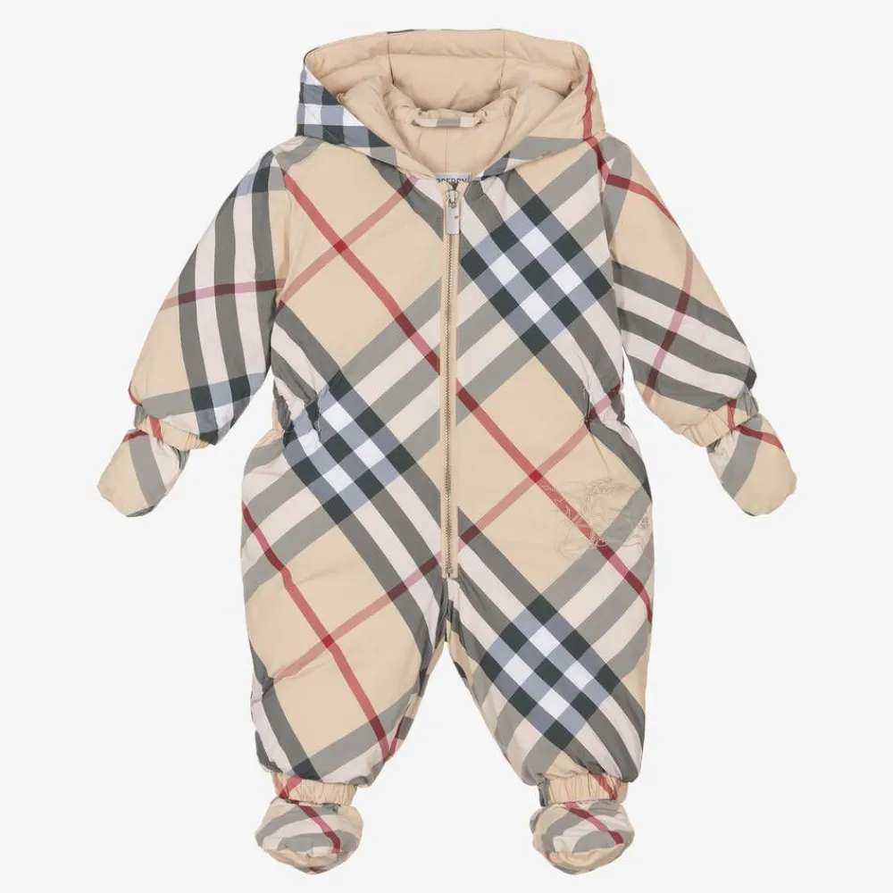 Burberry Snowwear*Beige Check Down Padded Baby Snowsuit PaleStoneIPCheck