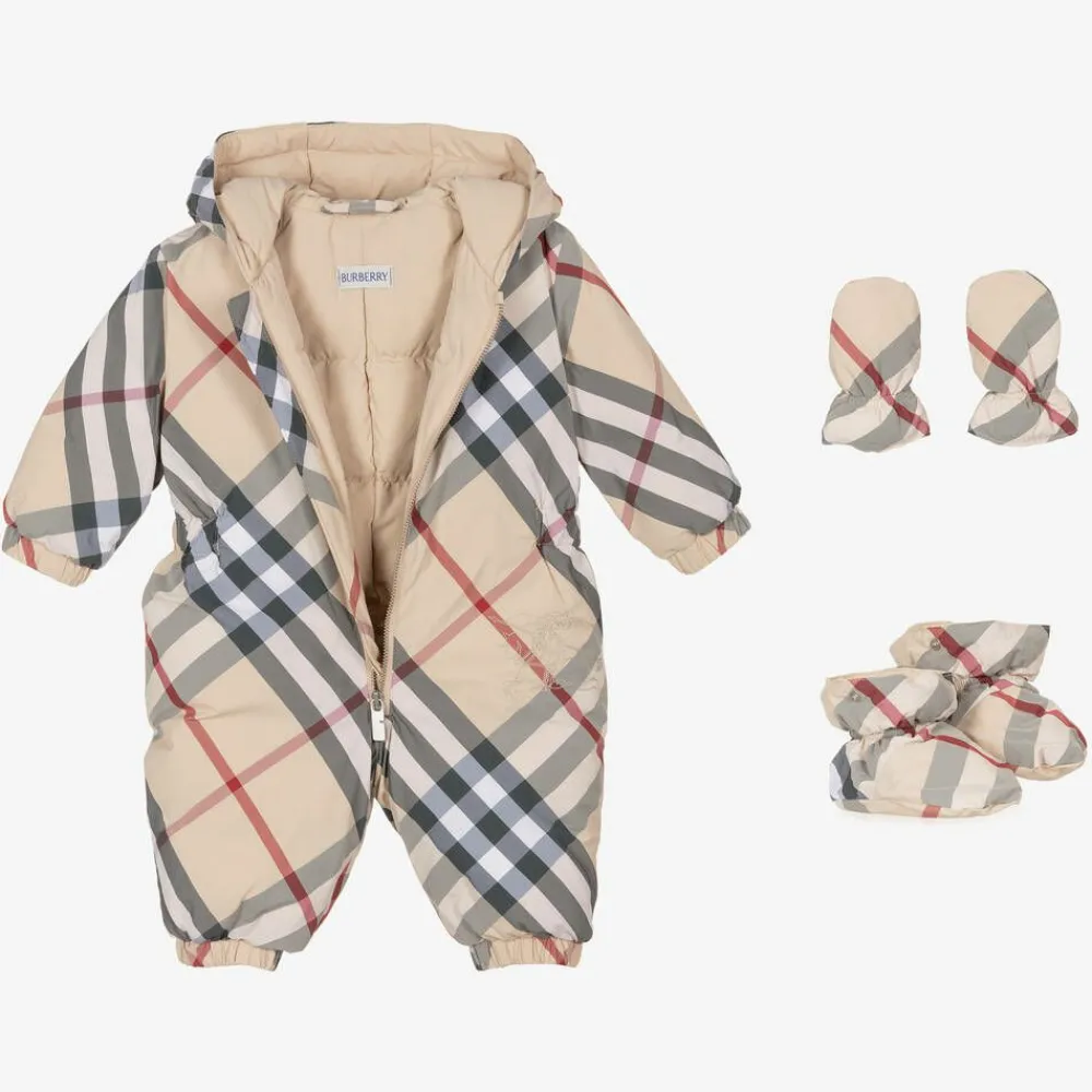 Burberry Snowwear*Beige Check Down Padded Baby Snowsuit PaleStoneIPCheck