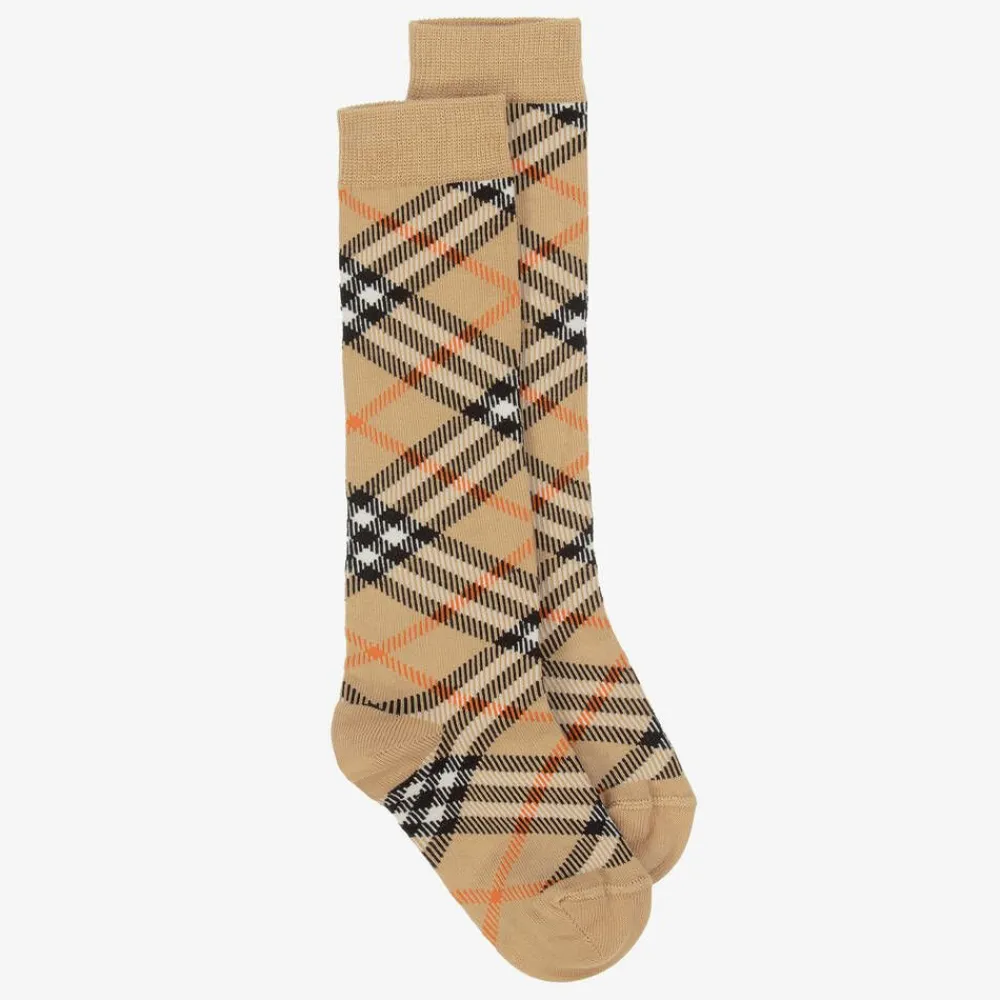 Burberry Socks|Socks*Beige Cotton Checked Knee Socks