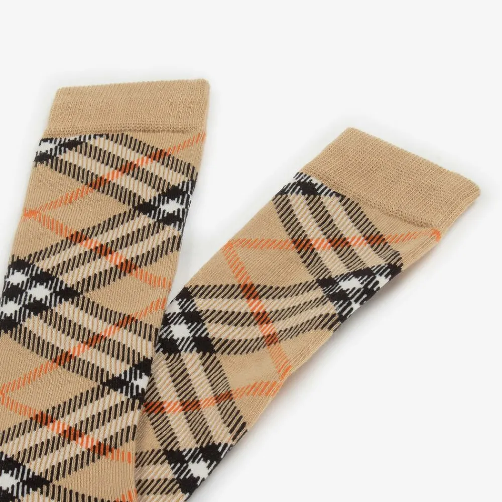 Burberry Socks|Socks*Beige Cotton Checked Knee Socks
