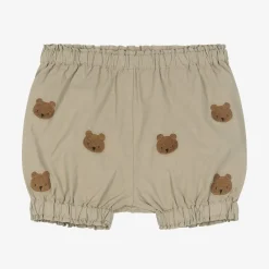 Donsje Shorts|Shorts*Beige Embroidered Cotton Teddy Bear Shorts DustyGreen