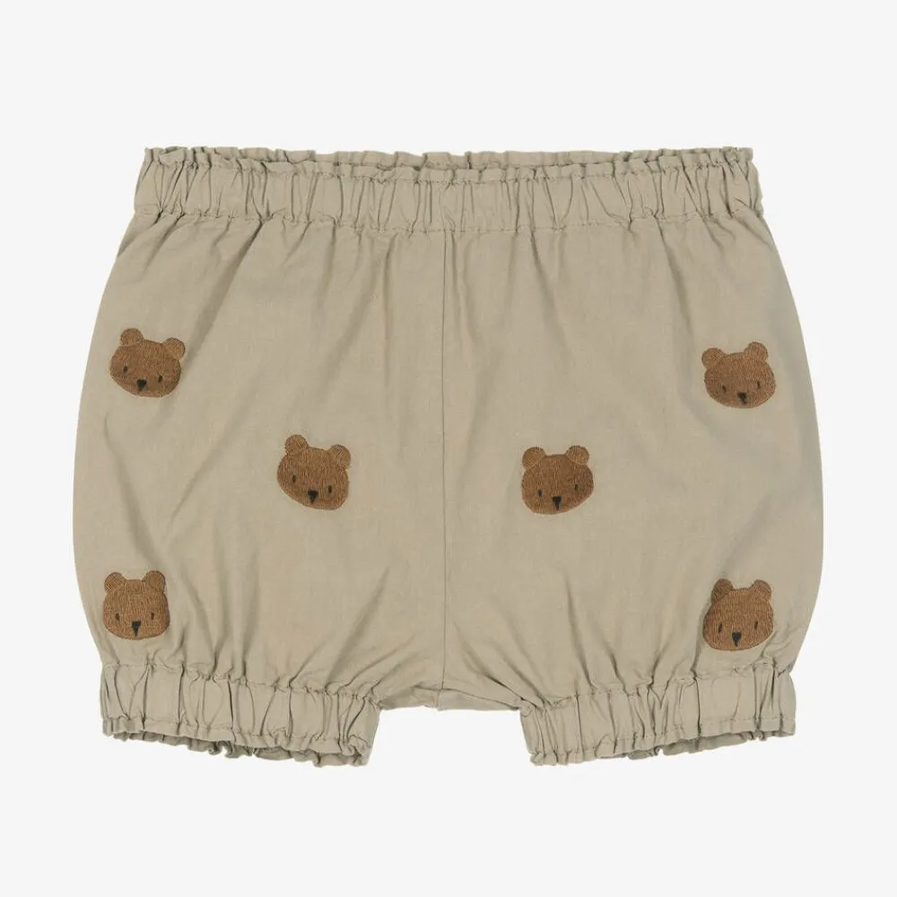 Donsje Shorts|Shorts*Beige Embroidered Cotton Teddy Bear Shorts DustyGreen