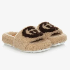 Gucci Sliders|Sliders*Beige Faux Fur Logo Sliders