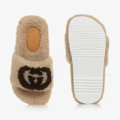 Gucci Sliders|Sliders*Beige Faux Fur Logo Sliders
