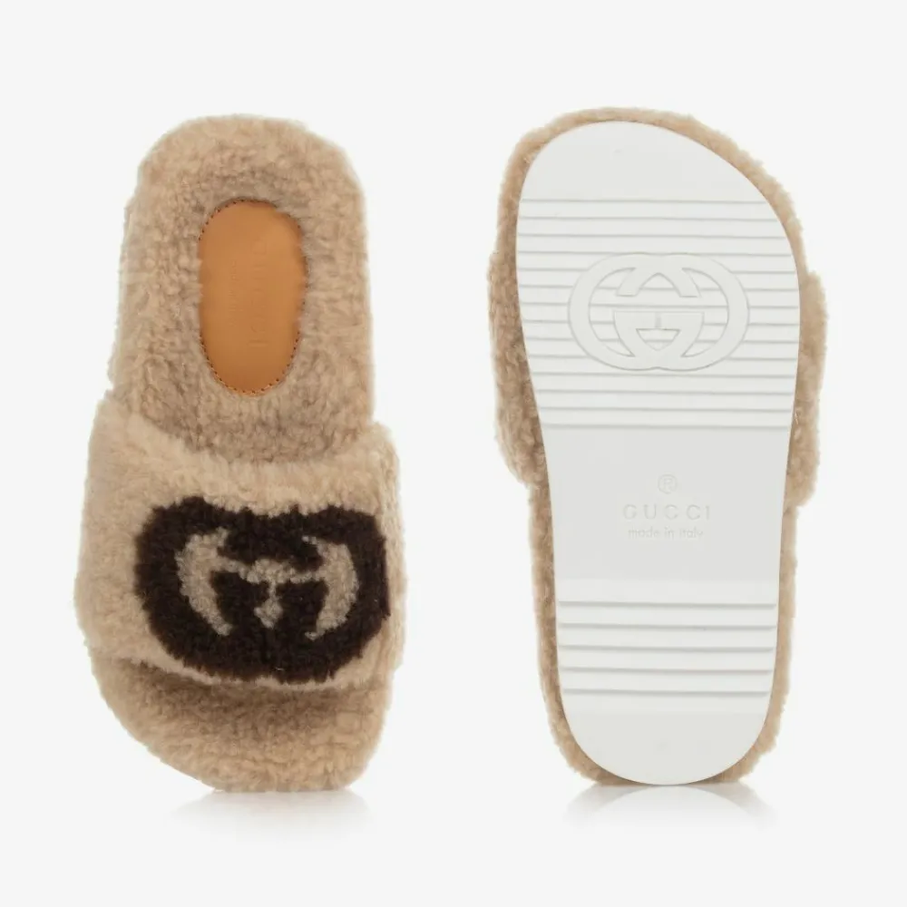 Gucci Sliders|Sliders*Beige Faux Fur Logo Sliders