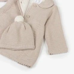 Mayoral Newborn Coats & Jackets*Beige Knitted Cotton Pram Coat & Hat Set