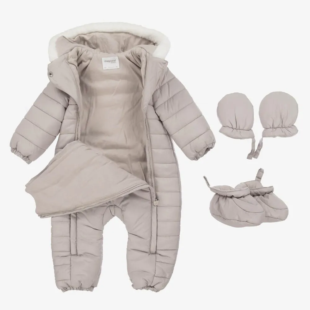 Mayoral Newborn Snowwear|Snowwear*Beige Padded Teddy Snowsuit
