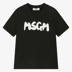 MSGM Tops*Black Cotton Brushstroke Logo T-Shirt