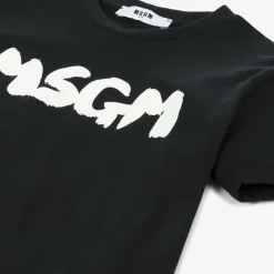 MSGM Tops*Black Cotton Brushstroke Logo T-Shirt
