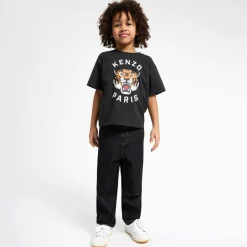 KENZO KIDS Tops*Black Cotton Lucky Tiger T-Shirt