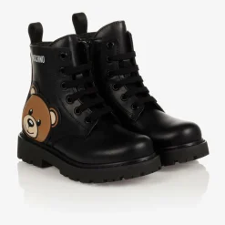 Moschino Kid-Teen Boots*Black Leather Teddy Bear Boots