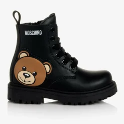 Moschino Kid-Teen Boots*Black Leather Teddy Bear Boots