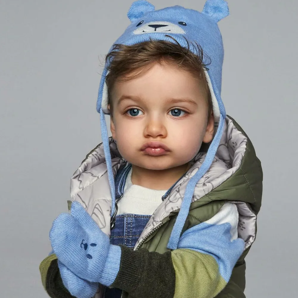 Mayoral Hats|Hats*Blue Cotton Bear Hat & Mittens Set