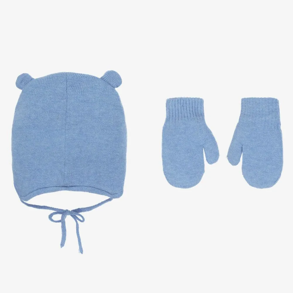 Mayoral Hats|Hats*Blue Cotton Bear Hat & Mittens Set