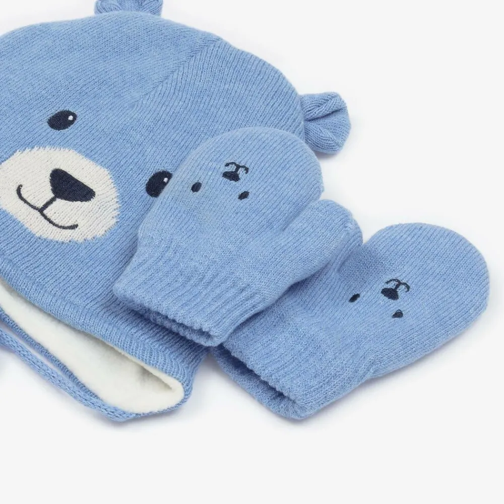 Mayoral Hats|Hats*Blue Cotton Bear Hat & Mittens Set