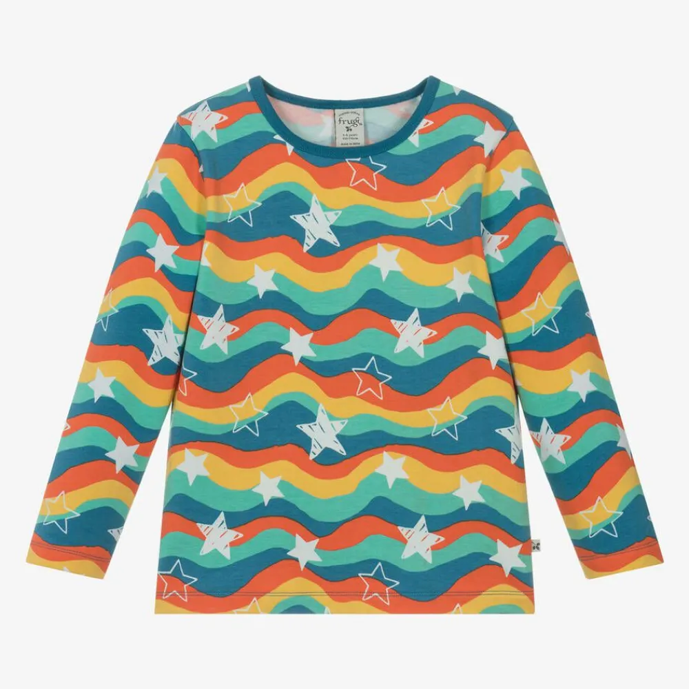 Frugi Tops*Blue Cotton Wavy Stripes & Stars Top