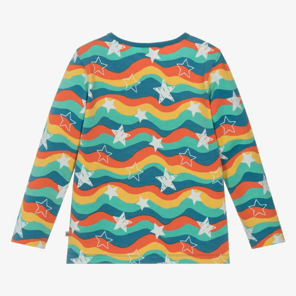 Frugi Tops*Blue Cotton Wavy Stripes & Stars Top
