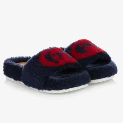Gucci Sliders|Sliders*Blue Faux Fur Logo Sliders