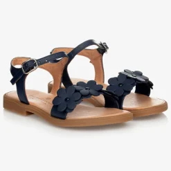 Childrens Classics Sandals*Blue Leather Flower Sandals