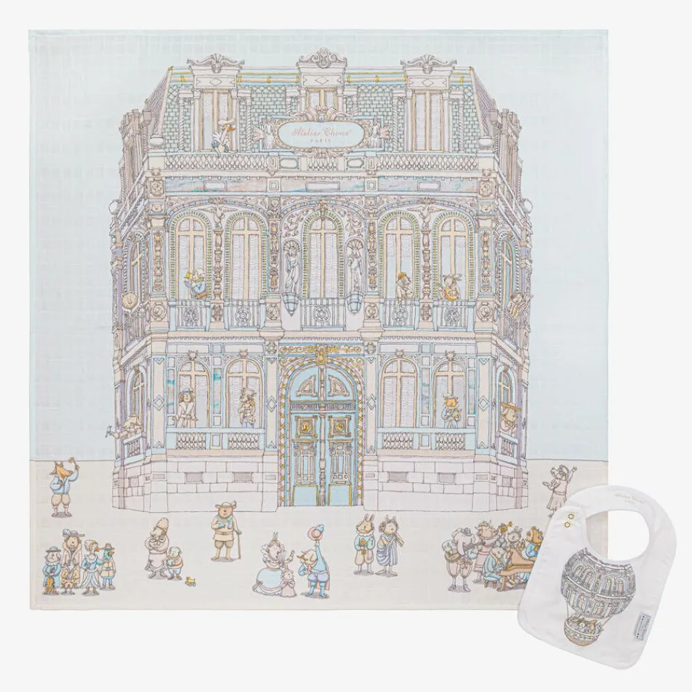 Atelier Choux Paris Gifts|Sleeping Accessories*Blue Organic Cotton Swaddle & Bib Set