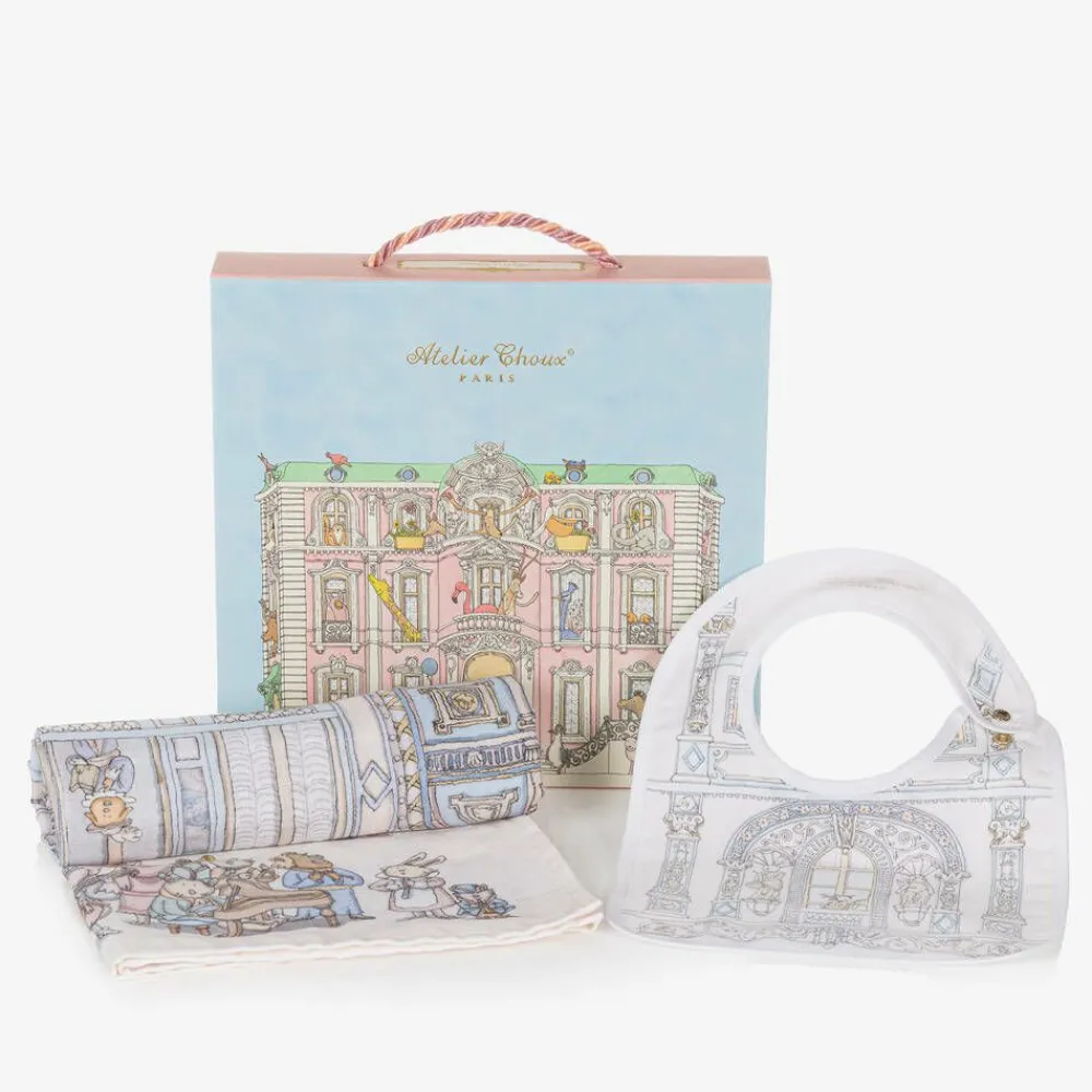 Atelier Choux Paris Gifts|Sleeping Accessories*Blue Organic Cotton Swaddle & Bib Set