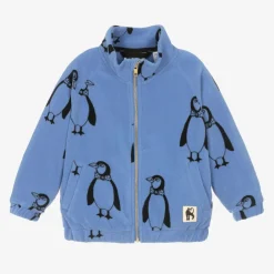 Mini Rodini Tops*Blue Penguin Print Zip-Up Fleece Top