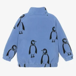 Mini Rodini Tops*Blue Penguin Print Zip-Up Fleece Top