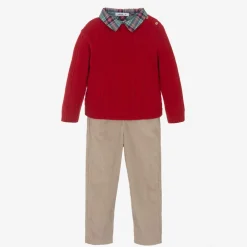 Babidu Outfit Sets*Boys Beige & Red Cotton Trouser Set