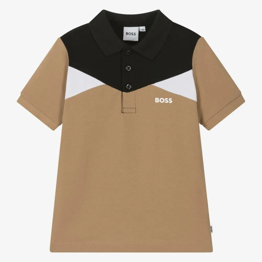 BOSS Tops*Boys Beige Colour Block Cotton Polo Shirt
