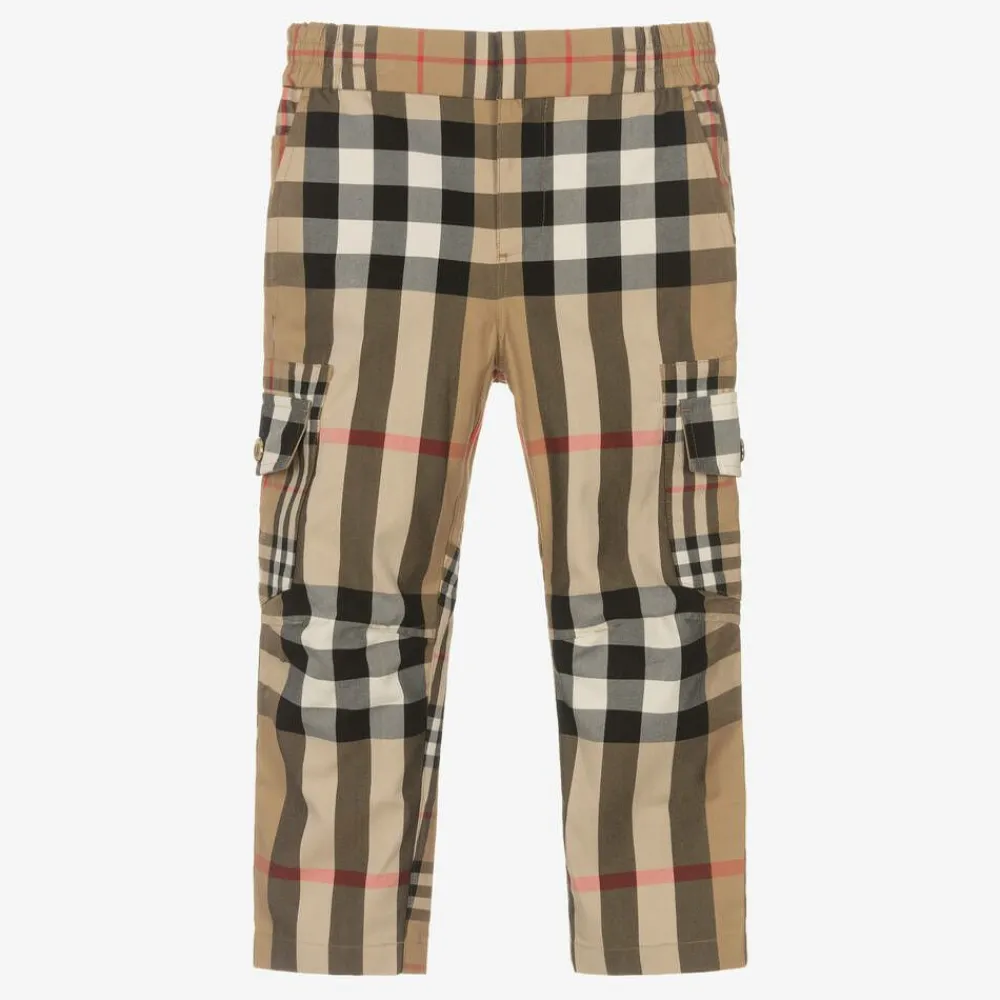 Burberry Trousers*Boys Beige Cotton Check Cargo Trousers