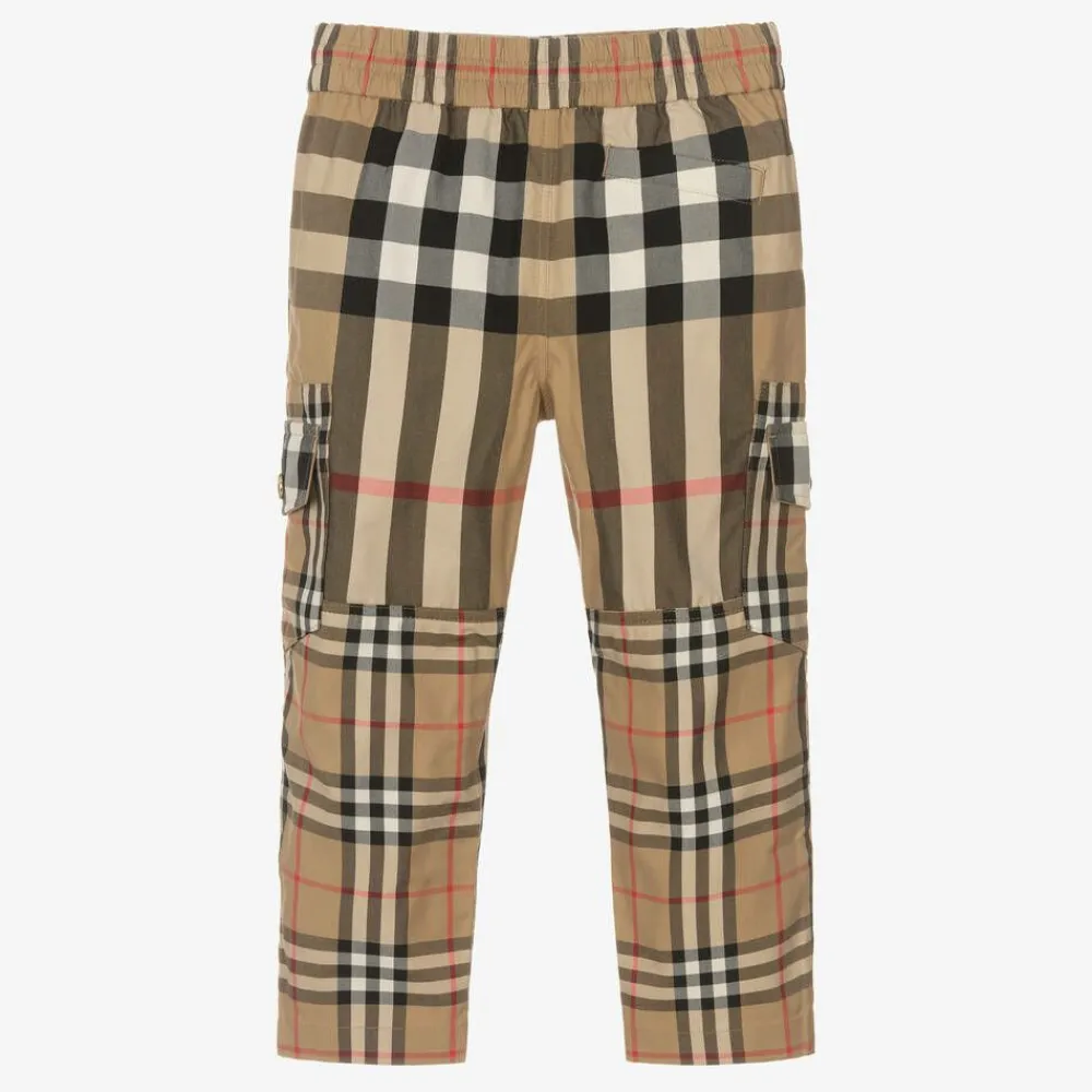 Burberry Trousers*Boys Beige Cotton Check Cargo Trousers