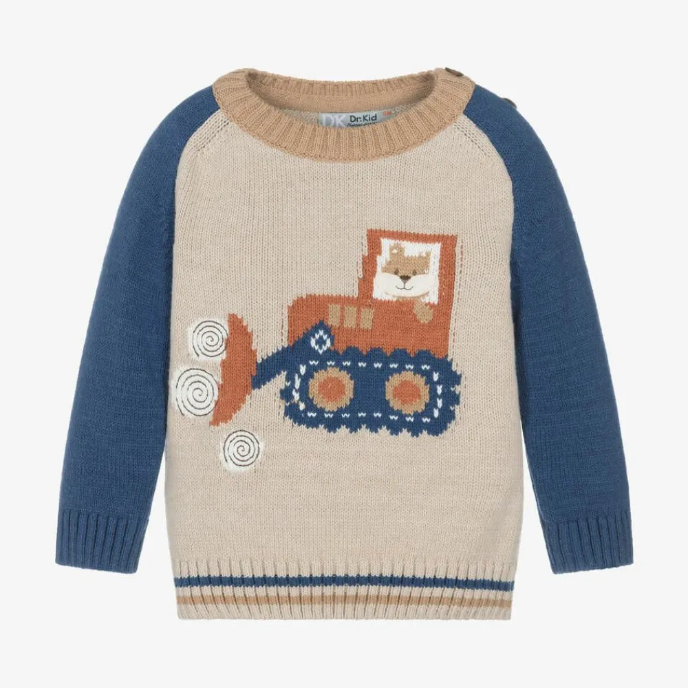 Dr. Kid Tops*Boys Beige Knitted Tractor Sweater