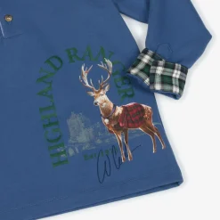 Lapin House Tops*Boys Blue Cotton Deer Print Polo Shirt
