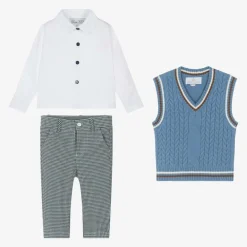 Beau KiD Outfit Sets*Boys Blue Cotton Dogtooth Trouser Set