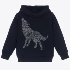 Il Gufo Tops*Boys Blue Cotton Embroidered Wolf Hoodie