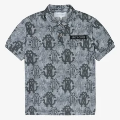 Roberto Cavalli Tops*Boys Blue Cotton Monogram Polo Shirt