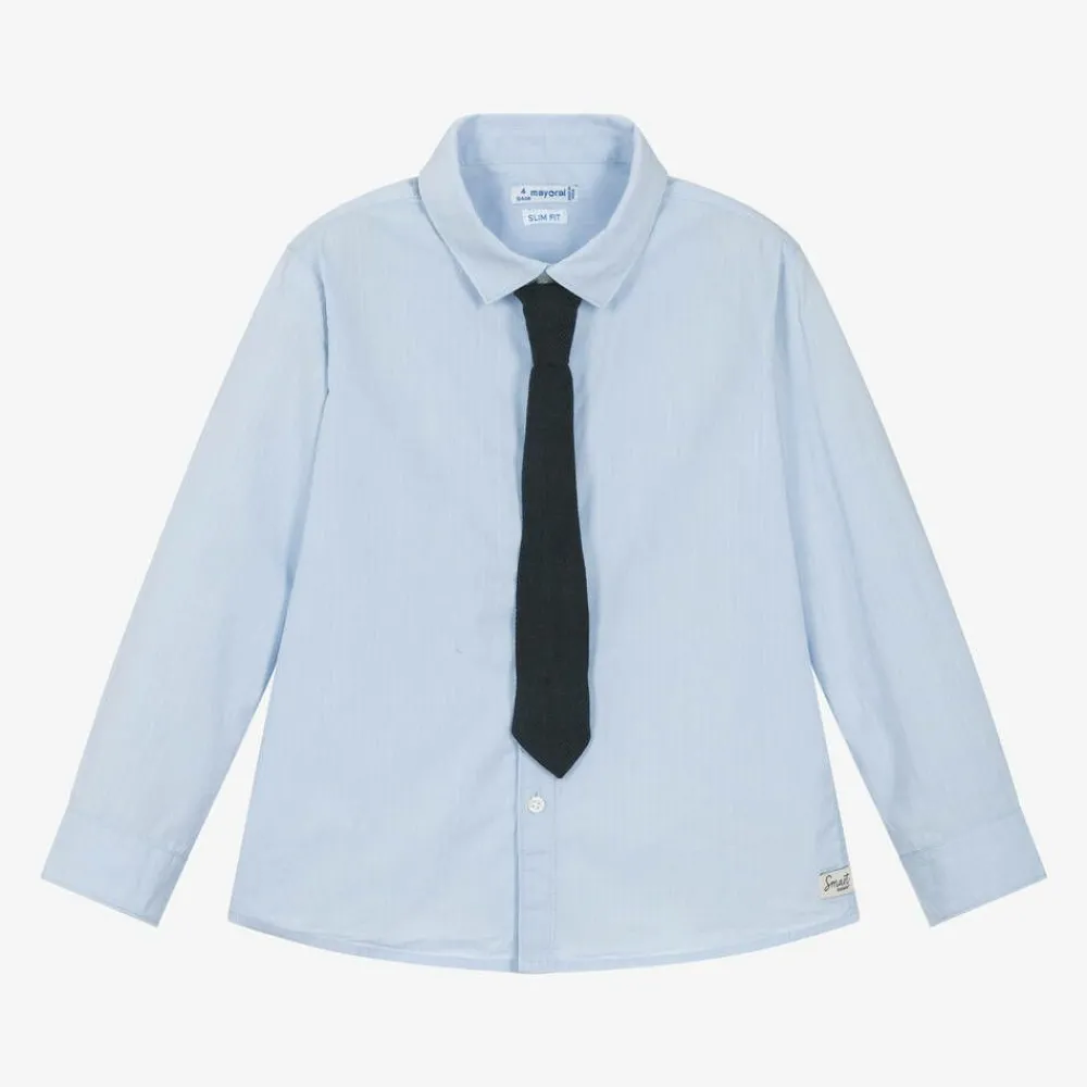 Mayoral Tops*Boys Blue Cotton Shirt